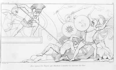 Az Ajax visszaveri a trójaiakat, akik fel akarják égetni a görög hajókat. John Flaxman (1755 - 1826) rajza. Homérosz Iliásza. Éneklő XV. alkotó: John Flaxman