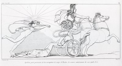 Apollón, a Nap istene, hogy megőrizze Hektor testét, teljesen beborítja arany égiszejével. Ének XXIV. John Flaxman (1755 - 1826) rajza. Homérosz Iliásza. alkotó: John Flaxman