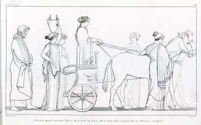 Nausicaa, aki most találkozott Ulyssesszel, visszaviszi apja palotájába, Alkinoos királyba. John Flaxman (1755 - 1826) rajza. Homérosz Odüsszeája. Dal VI. alkotó: John Flaxman