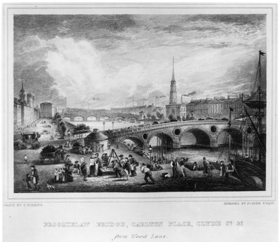 Broomielaw híd, Carlton Place, Clyde St., Glasgow, vésette Joseph Swan, 1830 (metszet) alkotó: John Fleming