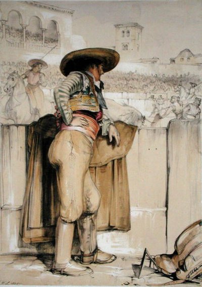 Egy torreádor néz a barikád mögül, Charles Joseph Hullmandel (1789-1850) vésett „Spanyolország vázlatai” című művéből, 1836-ban (színes litó) alkotó: John Frederick (after) Lewis