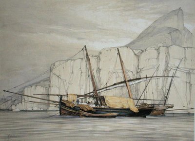 Gibraltár, a „Spanyolország vázlataiból”, Charles Joseph Hullmandel (1789-1850) metszete, 1836-ban megjelent (színes litó) alkotó: John Frederick (after) Lewis