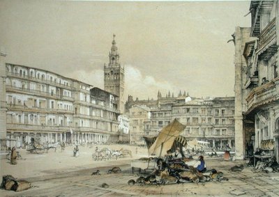 Plaza de San Francisco, Sevilla, a „Spanyolország vázlataiból”, Charles Joseph Hullmandel (1789-1850) metszete, 1836-ban megjelent (színes litó) alkotó: John Frederick (after) Lewis