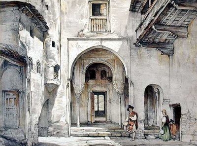 A mecset bejárata, az "Alhambra vázlatai és rajzai" című művéből, William Gauci (fl.1825-54) metszete alkotó: John Frederick (after) Lewis