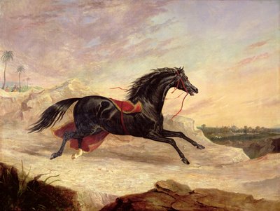 Arabok üldöznek egy laza arab lovat egy keleti tájon alkotó: John Frederick Herring Senior