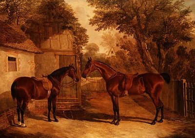 Bay Hunters egy farmház előtt alkotó: John Frederick Herring Senior