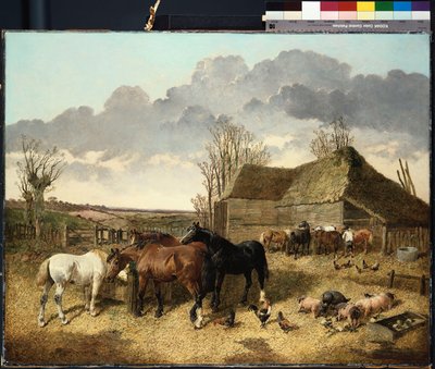 Lovak esznek egy jászolból, disznókkal és csirkékkel a tanya udvarán alkotó: John Frederick Herring Junior