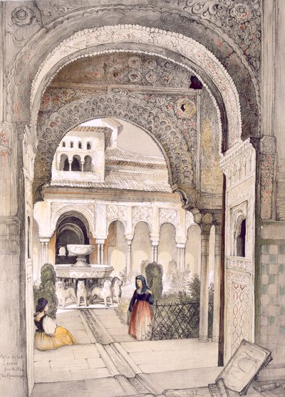 Az Oroszlánok szökőkútja, az Abencerrajes terméből, az "Alhambra vázlatai és rajzai" című művéből, William Gauci (fl.1825-54) metszete alkotó: John Frederick Lewis