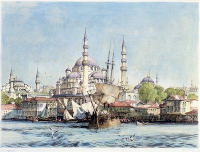 Yeni Jami és a Szent Szophia az Aranyszarv felől, 9. tábla a "Konstantinápoly illusztrációi" című, a művész által metszett kiadványból. 1838 alkotó: John Frederick Lewis
