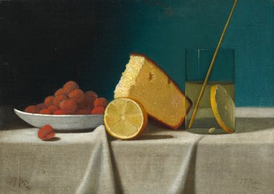 Csendélet tortával, citrommal, eperrel és üveggel alkotó: John Frederick Peto