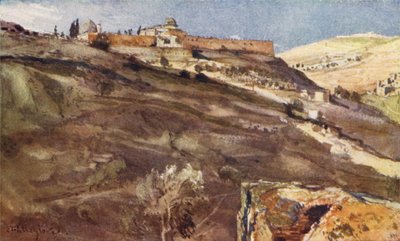 Jeruzsálem, a Templomterület déli fala, a Hinnom-völgyből, naplementekor alkotó: John Fulleylove