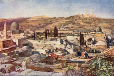 A templom területe és az Olajfák hegye, a Sion hegyéről (színes litho) alkotó: John Fulleylove