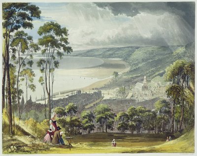 Honfleur látképe, a "Views on the Seine" című, Thomas Sutherland (szül. 1785) által metszett és R. Ackermann (1764-1834) által 1821-ben kiadott kötetből. alkotó: John Gendall