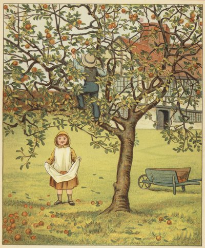 Gyerekek almát szednek a gyümölcsösben (színes litográfia) alkotó: John George (after) Sowerby