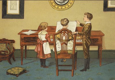 Gyerekek próbálnak zongoránál (színes litó) alkotó: John George (after) Sowerby
