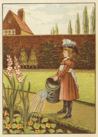 Lány öntözi a kertet (színes litó) alkotó: John George (after) Sowerby