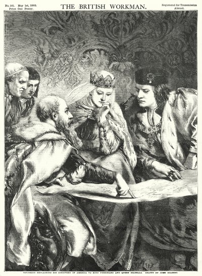 Kolumbusz elmagyarázza Amerika felfedezését Ferdinánd királynak és Izabella királynőnek (metszet) alkotó: John Gilbert