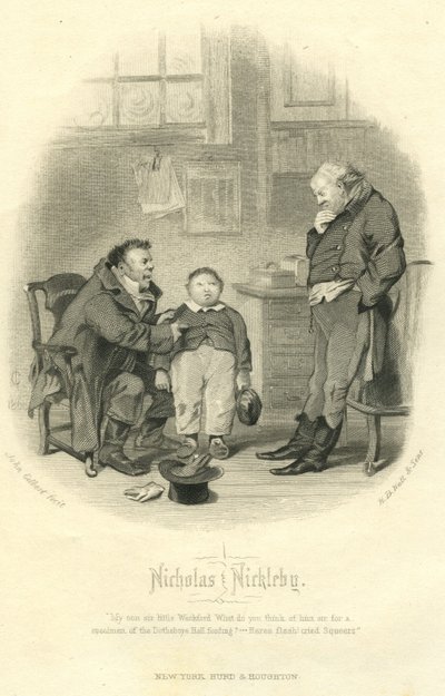 Nicholas Nickleby: Wackford Squeers és az ifjú Wackford Squeers, metszet: H.B. Hall und Sons, 1867. alkotó: John Gilbert