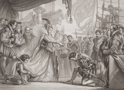 I. Erzsébet királynő (1530-1603) lovaggá ütötte Francis Drake-et (1540-96) az Angol és skót történelem illusztrációiból, I. kötetből alkotó: John Gilbert