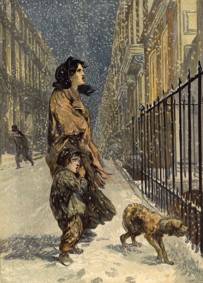 Hajléktalan szegény, anya és gyermeke kutyával a hóban (chromolitho) alkotó: John Gilbert