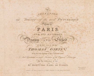 Válogatás a húsz legfestőibb kilátásból Párizsban és környékén: Címlap, 1803. alkotó: John Girtin