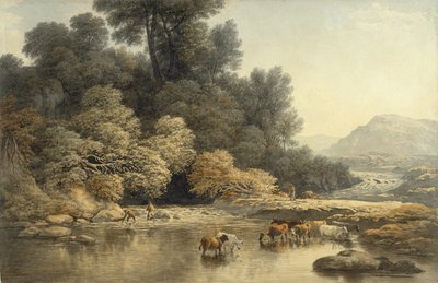 Dombos táj folyóval és szarvasmarhával, 1810 körül (wc grafit fölött, szőtt papíron) alkotó: John Glover