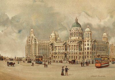 Liverpool: a Mersey Docks and Harbour Board irodái, a Liver Building stb., Megközelítés a leszállópályához (színes litho) alkotó: John Glynn