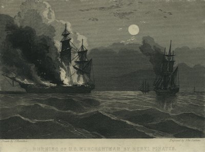 Az amerikai kereskedelmi hajó felgyújtása lázadó kalózok által, 1865 alkotó: John Hamilton