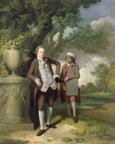 Egy fiatal férfi indiai szolgájával, kezében egy portfólióval (olaj, vászon) alkotó: John Hamilton Mortimer