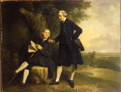 Thomas Somers Cocks és Richard Cocks Castleditch kettős portréja, mindketten kicsik, egész alakosak, az előbbi kék kabátban és mellényben egy fekete tricornt tart, az utóbbi kék kabátban és mellényben ül, kézirattal, tájban, alkotó: John Hamilton Mortimer