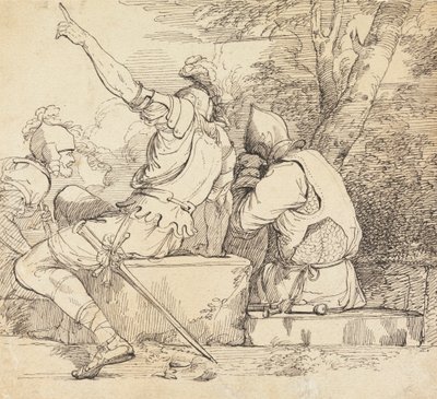 Három katona páncélban ül a kőtömbökön alkotó: John Hamilton Mortimer
