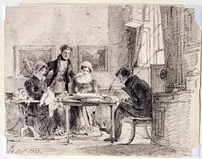 Családi csoportos varrás és olvasás, 1823. október 10. (toll és tinta papíron) alkotó: John Harden