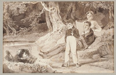 Négy figura a fák között egy forró napon, 1807 (wc papíron) alkotó: John Harden
