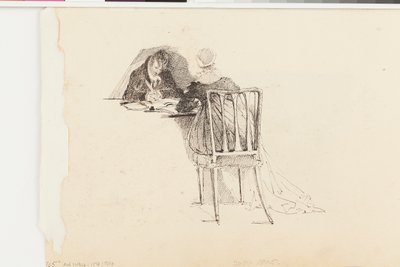 Férfi és nő írásban az asztalnál (toll és tinta papíron) alkotó: John Harden