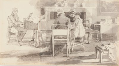 Férfi a zongoránál három másik emberrel (toll és tinta akvarellel papíron) alkotó: John Harden