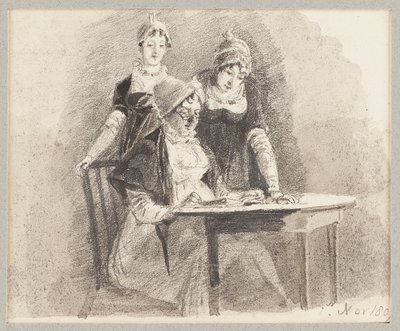 Hárman egy asztalnál, egy ülés, 1807 (ceruza és mosás papíron) alkotó: John Harden