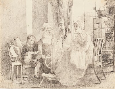 Nők a forgó keréknél és egy fiú játékhajóval, 1807 alkotó: John Harden