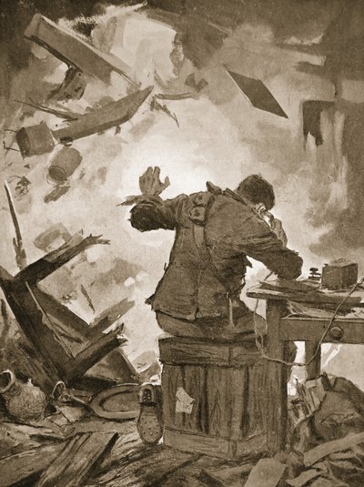 A Bombardier French befejezi üzenetét, miután egy lövedék átjött a szobán, amelyben telefonált (litho) alkotó: John Harris Valda