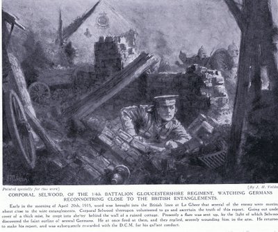Selwood tizedes kitüntetést kapott, mert 1915 áprilisában Le Gheer-nél a németek felderítést végeztek a brit csapdák közelében. alkotó: John Harris Valda