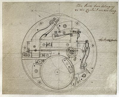 John Harrison (1693-1776) rajza a H4 időmérő mozgásának elrendezéséről, 1759 körül (toll és tinta papíron) alkotó: John Harrison