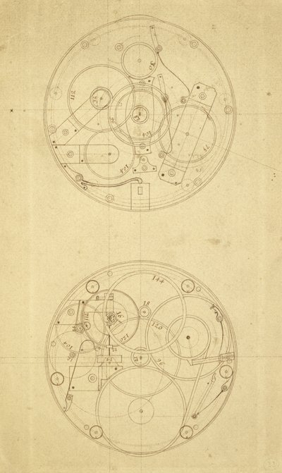 A H.4 mozgása, egy hosszúsági időmérő, amelyet John Harrison tervezett és rajzolt, 1760-72 körül (tinta papíron) alkotó: John Harrison