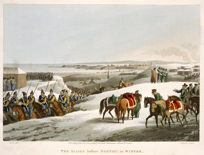 A szövetségesek Dantzic előtt télen, Matthew Dubourg (fl.1813-20) metszete a "Történelmi, katonai és haditengerészeti anekdoták" című kocsmából. írta: Edward Orme (1774-1820 körül) 1818 (akvatinta) alkotó: John Heaviside Clark