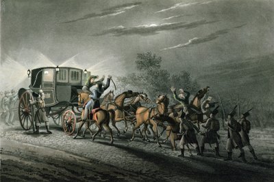 Bonaparte kocsijának, papírjának és kincseinek elfogása, von Keller őrnagy, Waterloo, 1815. június 18., metszet: Matthew Dubourg (fl.1813-20) alkotó: John Heaviside Clark