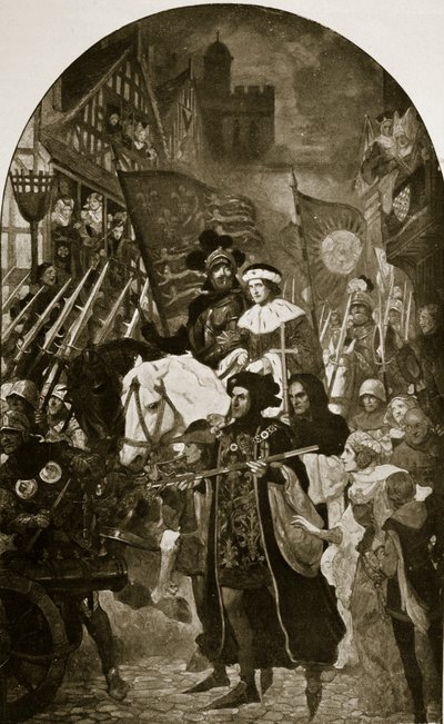 VI. Henriket az 1471-es barneti csatába viszik, illusztráció a „Hutchinson története a brit nemzetről”, 1923 körül. alkotó: John Henry Amshewitz