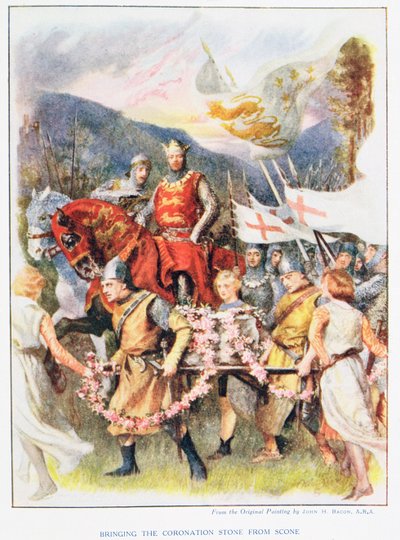 Bringing the Coronation Stone of Scone, illusztráció a „Stories of Royal Children from English Stories” című könyvéből, Doris Ashley, kiadó: Raphael Tuck, 1920 alkotó: John Henry Frederick Bacon