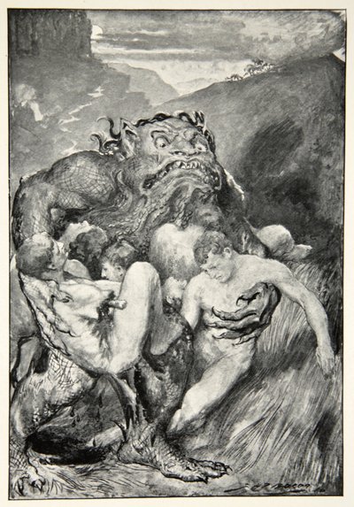 A gonosz démonja heves tombolásával mohón megragadta őket, M.I. „A brit faj hősi mítoszai és legendái” című művéből. Ebbutt, 1910 alkotó: John Henry Frederick Bacon