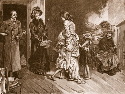 Nyugat találkozik Kelettel: jól járnak látogatók egy nyomornegyedben, illusztráció a „Cassell illusztrált Anglia történetéből” (szépia fotó) alkotó: John Henry Frederick Bacon