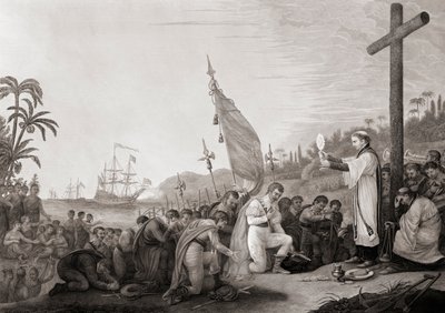 Kolumbusz leszáll az Újvilágban (metszet) alkotó: John James (after) Barralet