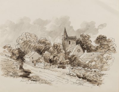 Kewstoke Church and Village, Weston Super Mare, Somerset, 1882 (toll, ecset és tinta papíron) alkotó: John Joseph Barker