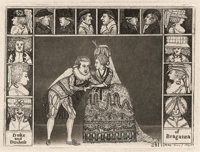 Mary Ann Yates és Laurence Clinch Braganza hercegét és hercegnőjét játsszák Braganzában, a közönség tagjaival körülvéve. 1785 alkotó: John Kay